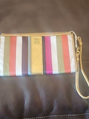 Coach Striped Multi-Color Wristlet Clutch with Gold Trim